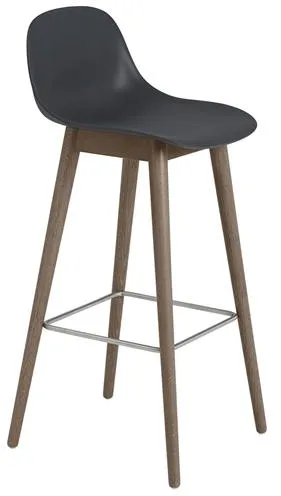 Muuto Fiber Barhocker mit Holzgestell und Rückenlehne Schwarz/Dunkelbraun H97,5 cm