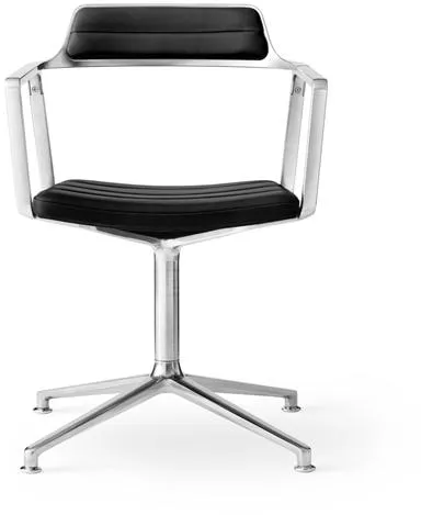 Vipp 452 Drehbarer Stuhl mit Armlehnen aus Aluminium/Braunes Leder